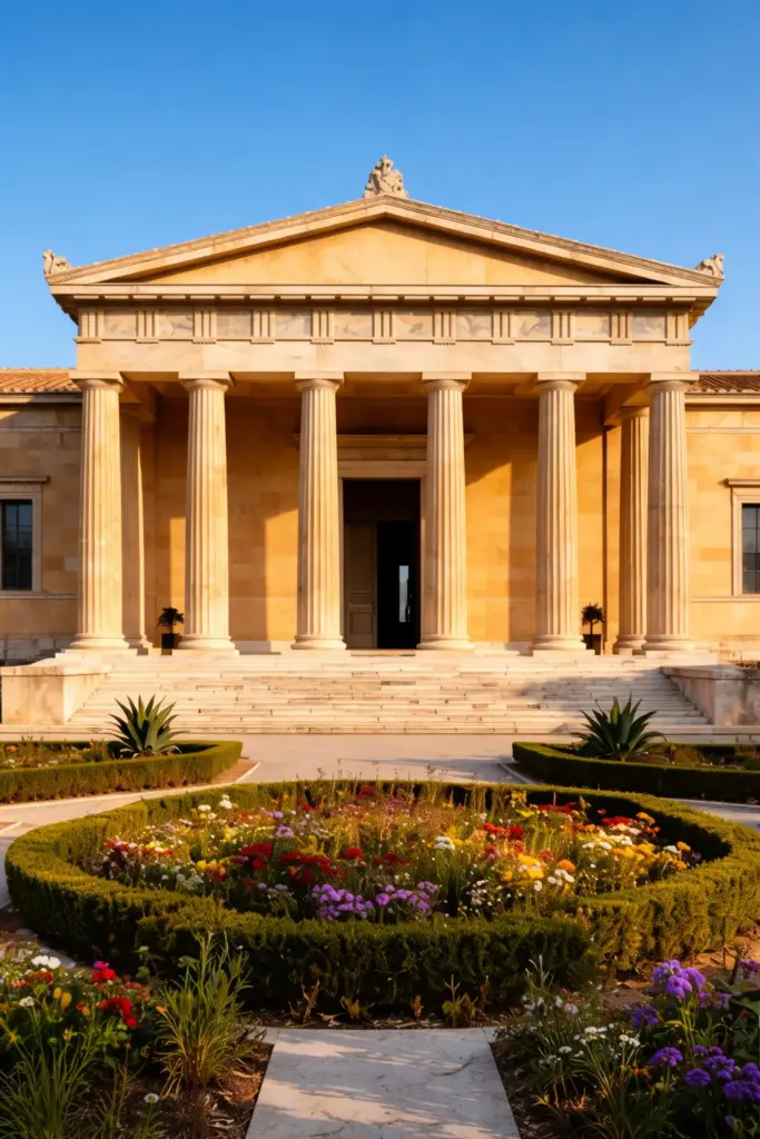 golden light on a neoclassical façade